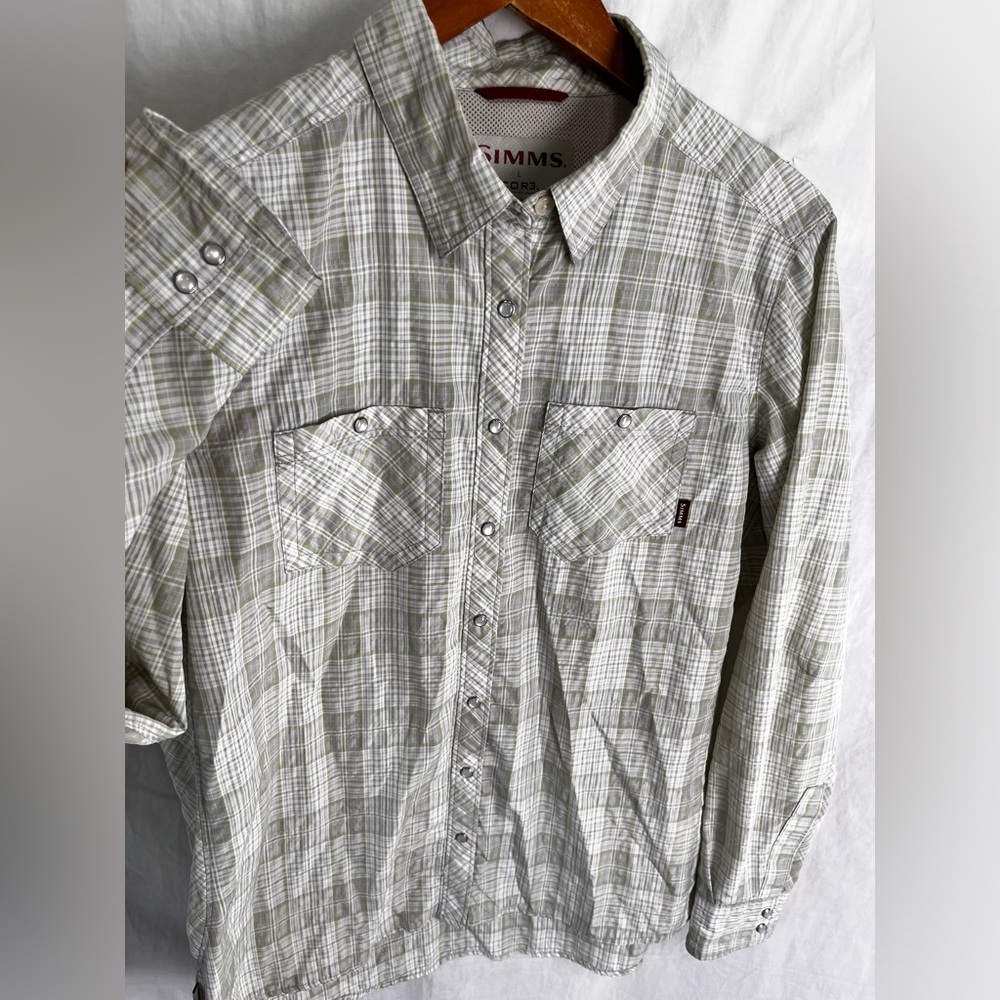 Simms Fishing Cor3 Pearl Snap Western Shirt Women L Vented Performance Plaid Top